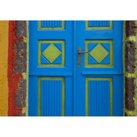 Greece,Thira, Oia Blue and lime green door Gold Ornate Wood Framed Art Print with Double Matting by Young, Bill