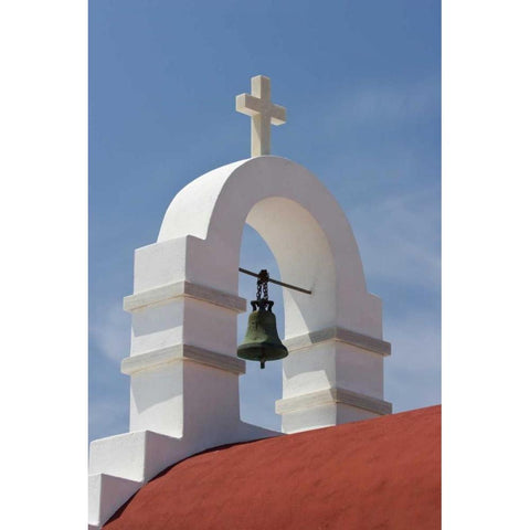 Greece, Mykonos, Hora White bell tower of church Black Modern Wood Framed Art Print by Young, Bill