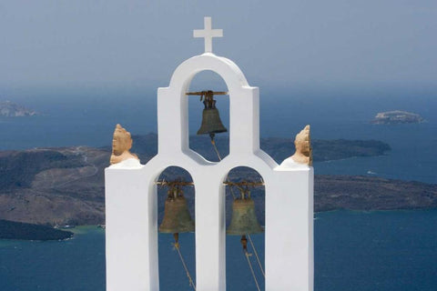 Greece, Santorini Church bell tower with sea White Modern Wood Framed Art Print with Double Matting by Young, Bill