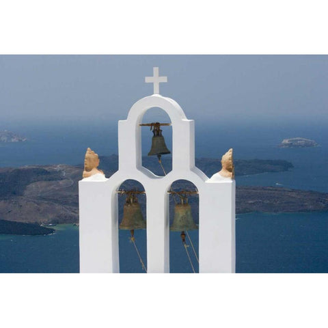 Greece, Santorini Church bell tower with sea Gold Ornate Wood Framed Art Print with Double Matting by Young, Bill