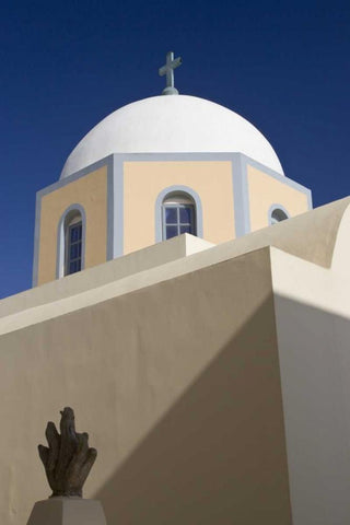 Greece, Santorini Church dome against blue sky White Modern Wood Framed Art Print with Double Matting by Young, Bill