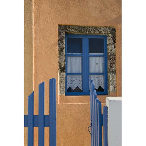 Greece, Santorini Open blue gate and window Black Modern Wood Framed Art Print by Young, Bill