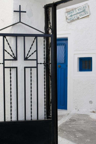 Greece, Santorini Black iron church gate Black Ornate Wood Framed Art Print with Double Matting by Young, Bill