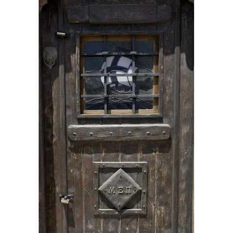 Greece, Santorini Wooden pub door Black Modern Wood Framed Art Print with Double Matting by Young, Bill