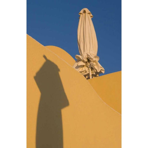 Greece, Santorini Sun umbrella against a wall White Modern Wood Framed Art Print by Young, Bill