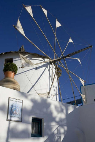 Greece, Santorini Windmill against blue sky White Modern Wood Framed Art Print with Double Matting by Young, Bill