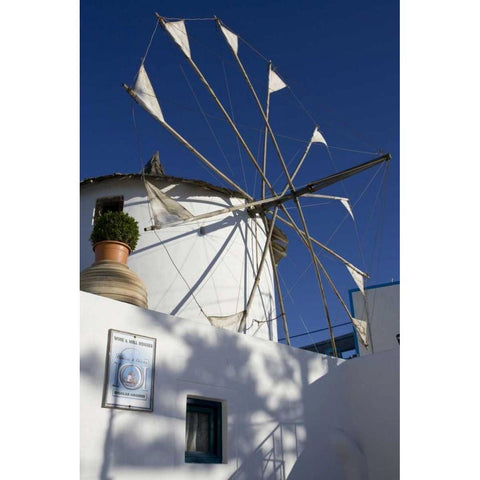 Greece, Santorini Windmill against blue sky Black Modern Wood Framed Art Print with Double Matting by Young, Bill