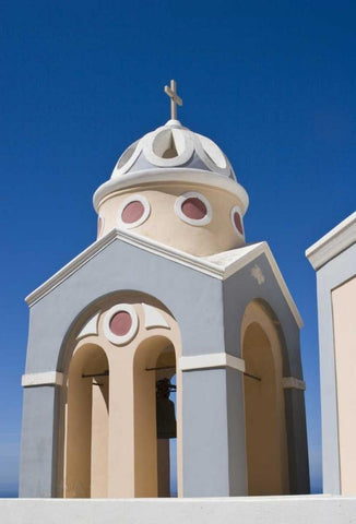 Greece, Santorini Church bell tower against sky White Modern Wood Framed Art Print with Double Matting by Young, Bill