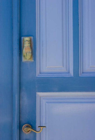 Greece, Santorini Blue door with knocker Black Ornate Wood Framed Art Print with Double Matting by Young, Bill
