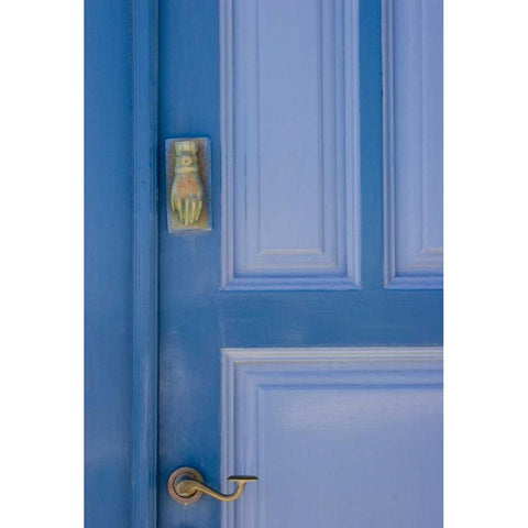 Greece, Santorini Blue door with knocker Black Modern Wood Framed Art Print with Double Matting by Young, Bill