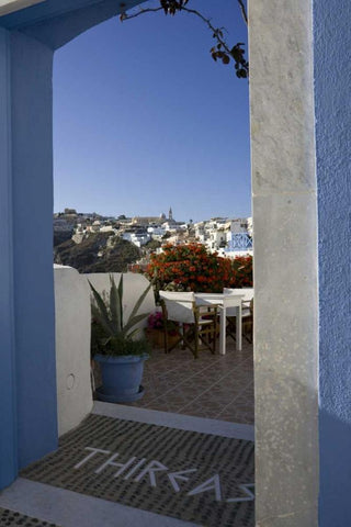 Greece, Santorini Doorway to balcony tables White Modern Wood Framed Art Print with Double Matting by Young, Bill
