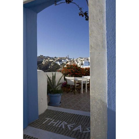Greece, Santorini Doorway to balcony tables Black Modern Wood Framed Art Print by Young, Bill