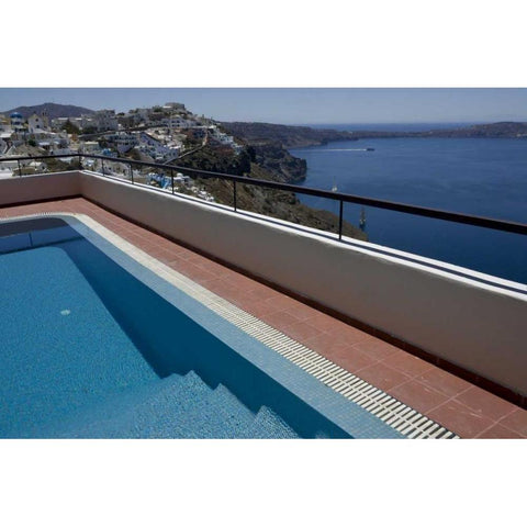 Greece, Santorini Swimming pool overlooking town White Modern Wood Framed Art Print by Young, Bill