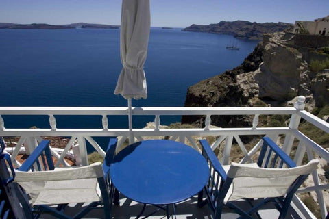 Greece, Santorini Balcony overlooking Aegean Sea White Modern Wood Framed Art Print with Double Matting by Young, Bill