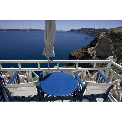 Greece, Santorini Balcony overlooking Aegean Sea White Modern Wood Framed Art Print by Young, Bill