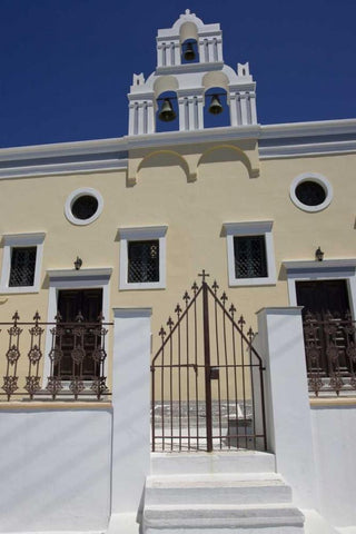 Greece, Santorini Gate to Greek Orthodox church White Modern Wood Framed Art Print with Double Matting by Young, Bill