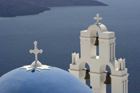 Greece, Santorini Church overlooking the Aegean White Modern Wood Framed Art Print with Double Matting by Young, Bill