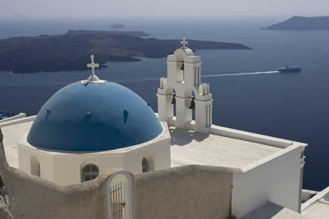 Greece, Santorini Church overlooks the Aegean Black Ornate Wood Framed Art Print with Double Matting by Young, Bill