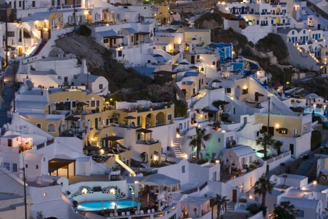 Greece, Firostefani Cliffside villas at night White Modern Wood Framed Art Print with Double Matting by Young, Bill