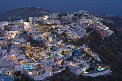 Greece, Firostefani Cliffside villas with lights White Modern Wood Framed Art Print with Double Matting by Young, Bill