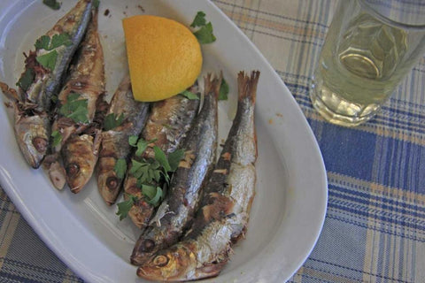 Greece, Paros, Naoussa Fresh cooked fish White Modern Wood Framed Art Print with Double Matting by Noble Gardner, Nancy