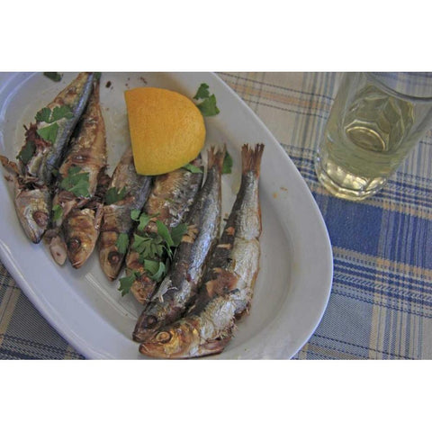 Greece, Paros, Naoussa Fresh cooked fish Black Modern Wood Framed Art Print by Noble Gardner, Nancy
