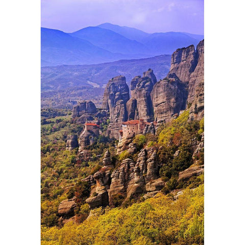 Greece-Meteora Monastery atop mountains  Black Modern Wood Framed Art Print by Jaynes Gallery