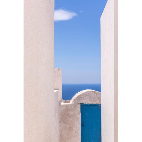 Europe-Greece-Thirasia-White building and blue door and ocean White Modern Wood Framed Art Print by Jaynes Gallery
