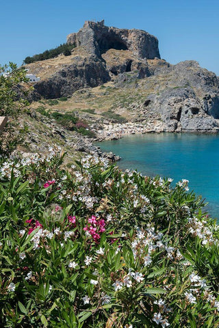 St Pauls Bay with the Acropolis of Lindos in the distance with the Temple of Athena Lindia Black Ornate Wood Framed Art Print with Double Matting by Hopkins, Cindy Miller