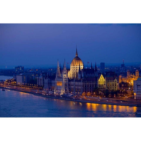 Hungary, Budapest Parliament Building and city White Modern Wood Framed Art Print by Zuckerman, Jim