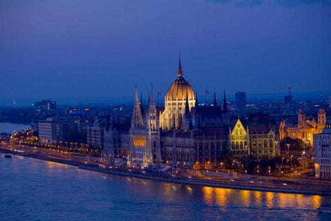 Hungary, Budapest Parliament Building and city Black Ornate Wood Framed Art Print with Double Matting by Zuckerman, Jim