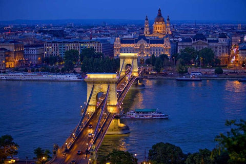 Hungary, Budapest Chain Bridge lit at night White Modern Wood Framed Art Print with Double Matting by Zuckerman, Jim