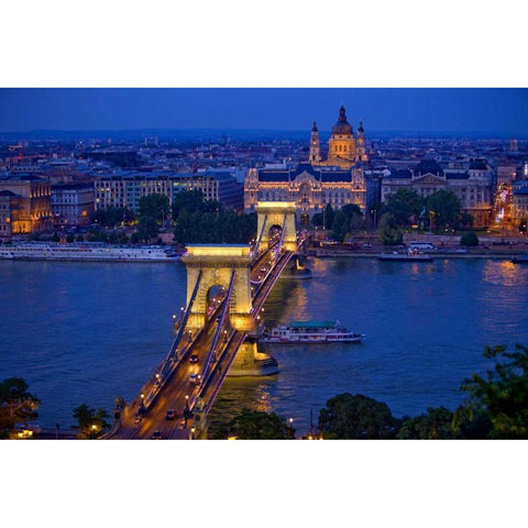 Hungary, Budapest Chain Bridge lit at night White Modern Wood Framed Art Print by Zuckerman, Jim