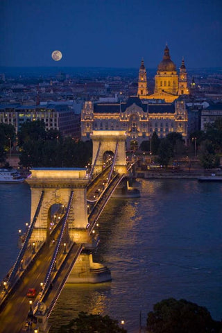 Hungary, Budapest Chain Bridge lit at night Black Ornate Wood Framed Art Print with Double Matting by Zuckerman, Jim