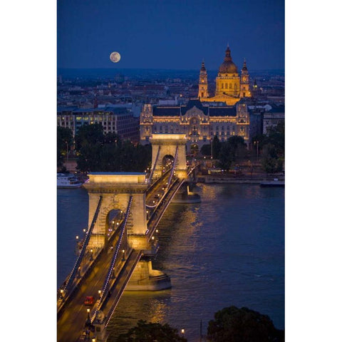 Hungary, Budapest Chain Bridge lit at night Black Modern Wood Framed Art Print by Zuckerman, Jim