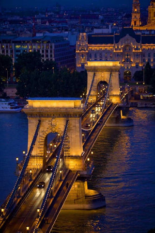 Hungary, Budapest Chain Bridge lit at night Black Ornate Wood Framed Art Print with Double Matting by Zuckerman, Jim
