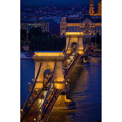 Hungary, Budapest Chain Bridge lit at night Black Modern Wood Framed Art Print with Double Matting by Zuckerman, Jim