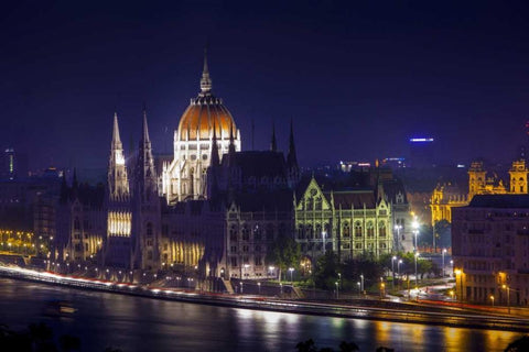 Hungary, Budapest Parliament Building at night Black Ornate Wood Framed Art Print with Double Matting by Zuckerman, Jim
