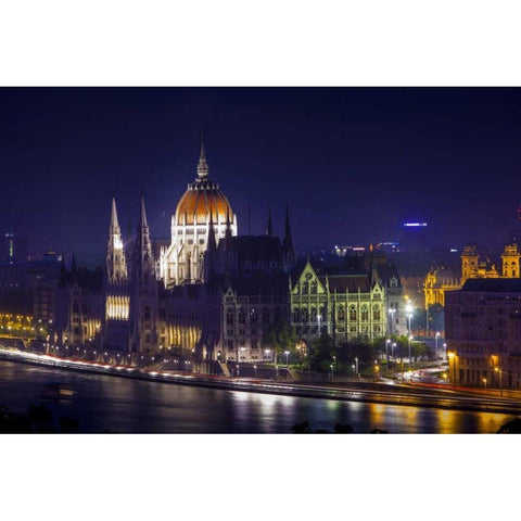 Hungary, Budapest Parliament Building at night Black Modern Wood Framed Art Print by Zuckerman, Jim