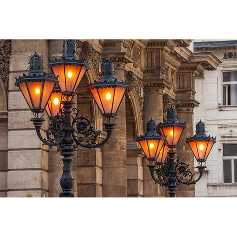 Hungary-Budapest-Streetlights Black Modern Wood Framed Art Print by Haseltine, Tom