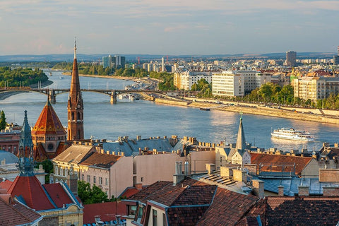 Tour boat passes Hungarys Parliament-built between 1884-1902 is the countrys largest building-It ha Black Ornate Wood Framed Art Print with Double Matting by Haseltine, Tom