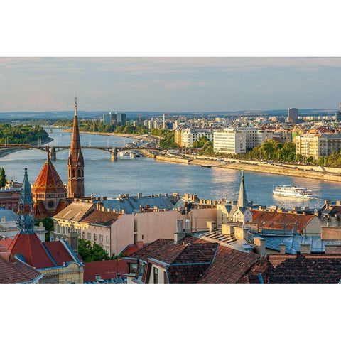 Tour boat passes Hungarys Parliament-built between 1884-1902 is the countrys largest building-It ha Black Modern Wood Framed Art Print with Double Matting by Haseltine, Tom