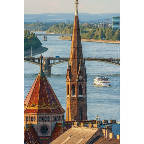 View from Castle Hill of the Margaret Bridge crossing the Danube River-Buda side-Central Budapest-C White Modern Wood Framed Art Print by Haseltine, Tom