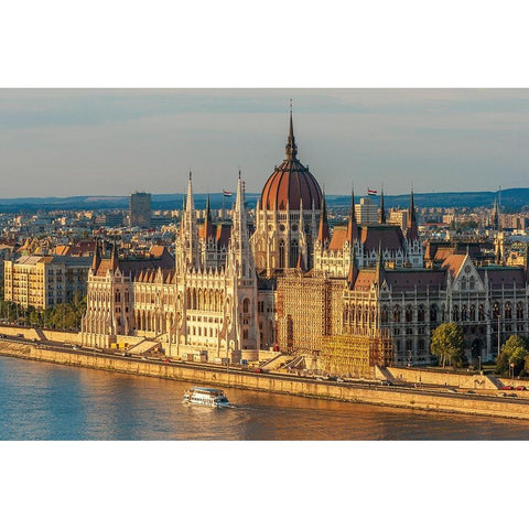 Tour boat passes Hungarys Parliament-built between 1884-1902 is the countrys largest building-It ha Black Modern Wood Framed Art Print by Haseltine, Tom