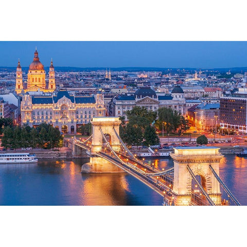 Hungary-Budapest-Szechenyi Chain Bridge across the Danube River-illuminated at night-built between  Black Modern Wood Framed Art Print with Double Matting by Haseltine, Tom