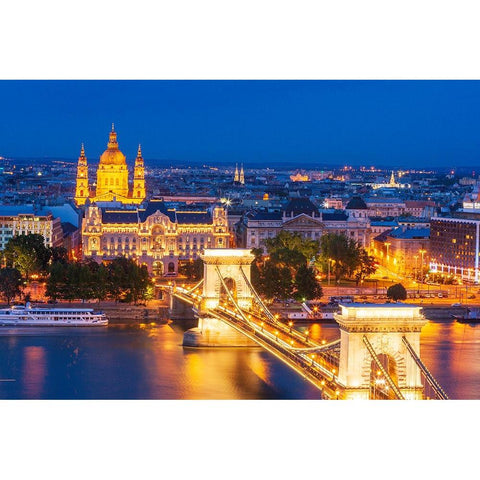 Hungary-Budapest-Szechenyi Chain Bridge across the Danube River-illuminated at night-built between  Gold Ornate Wood Framed Art Print with Double Matting by Haseltine, Tom