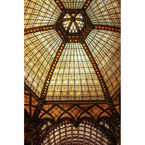 Stained glass ceiling inside Ferenciek Tere-Square of the Franciscans-an important public transport White Modern Wood Framed Art Print by Haseltine, Tom