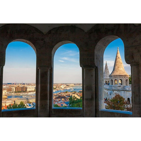 Hungary-Budapest-View from inside Fishermans Bastion Black Modern Wood Framed Art Print by Haseltine, Tom