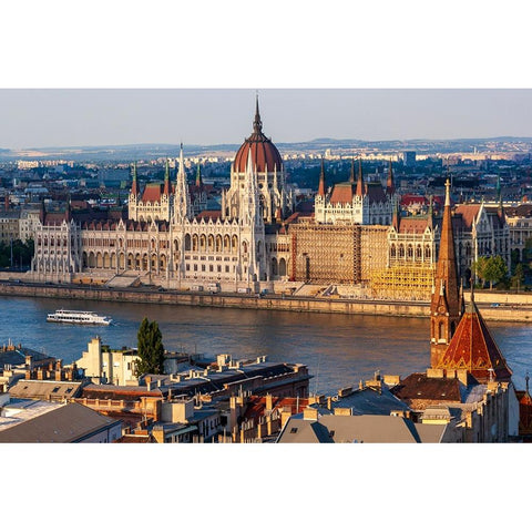Tour boat passes Hungarys Parliament-built between 1884-1902 is the countrys largest building-It ha Gold Ornate Wood Framed Art Print with Double Matting by Haseltine, Tom