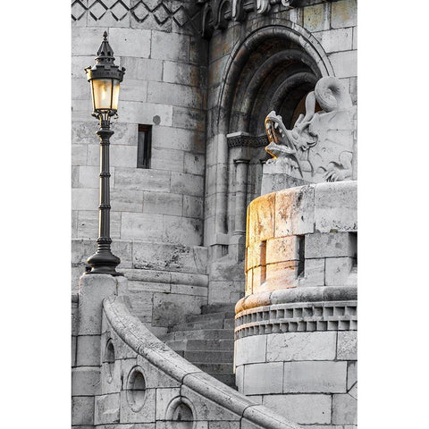 Hungary-Budapest-Light hitting lamppost-staircase-and dragon statue on Fishermans Bastion building Black Modern Wood Framed Art Print by Haseltine, Tom